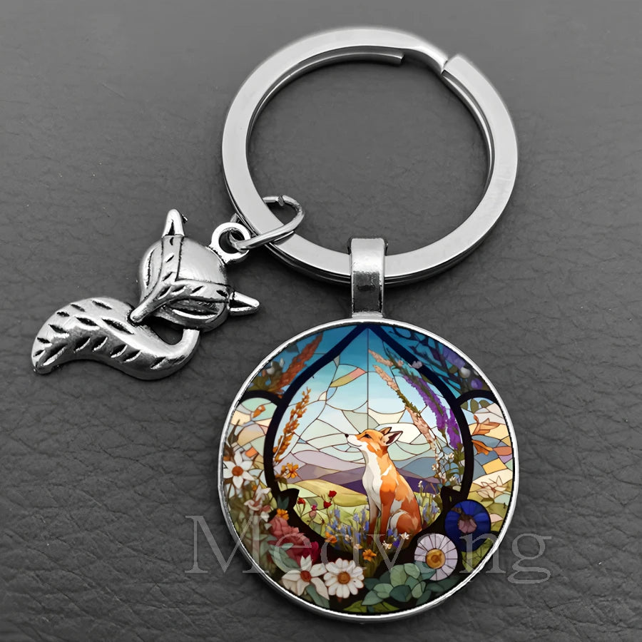 Fox Glass Cabochon Keychain with Sculpted Charm