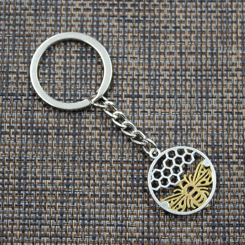 New Keychain 29x25mm Gold Color Bee Honeycomb Honeybee Pendants DIY Men Car Key Chain Ring Holder Keyring Souvenir Jewelry Gift