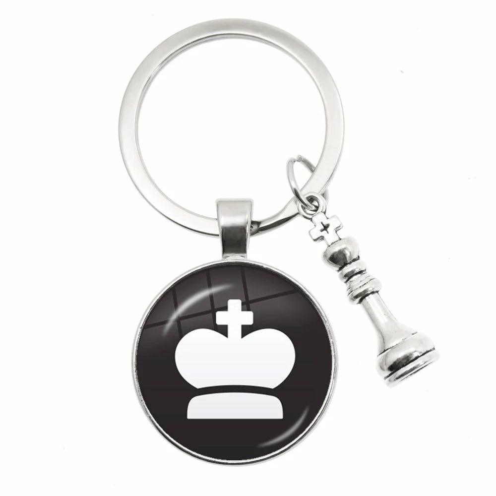 Chess Motif Glass Dome Keychain