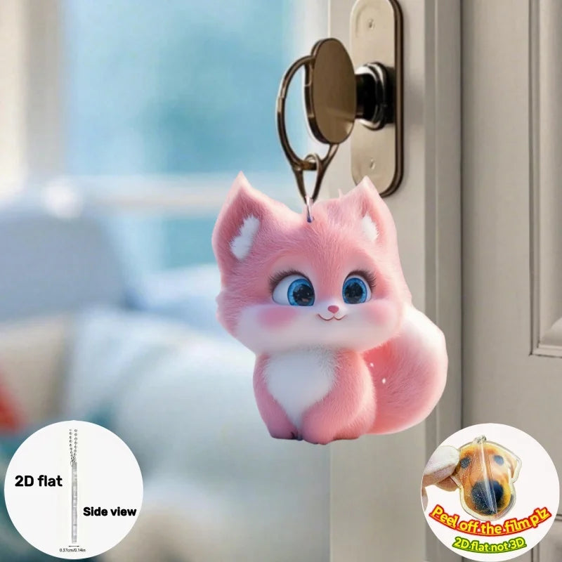 Adorable 2D Fox Keychain with Rose Acrylic Hanging Ornament Durable Car Pendant Lightweight Halloween Holiday Gift Charm for Car