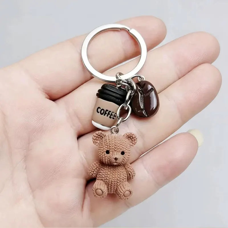 Bear Coffee Charm Keychain with Metal Ring