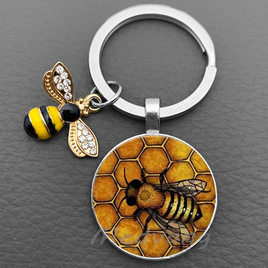 Bee-Themed Glass Dome Keychain with Charm