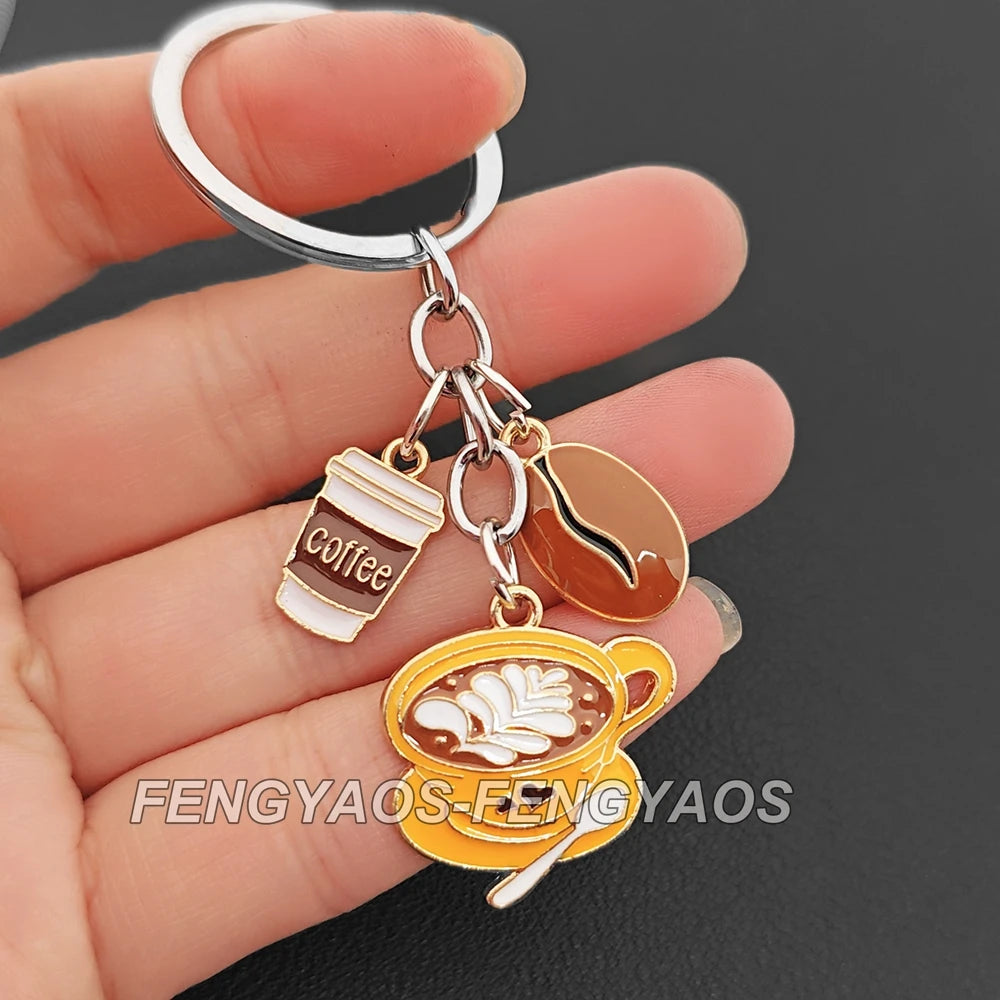 Coffee Theme Glass and Zinc Alloy Keychain