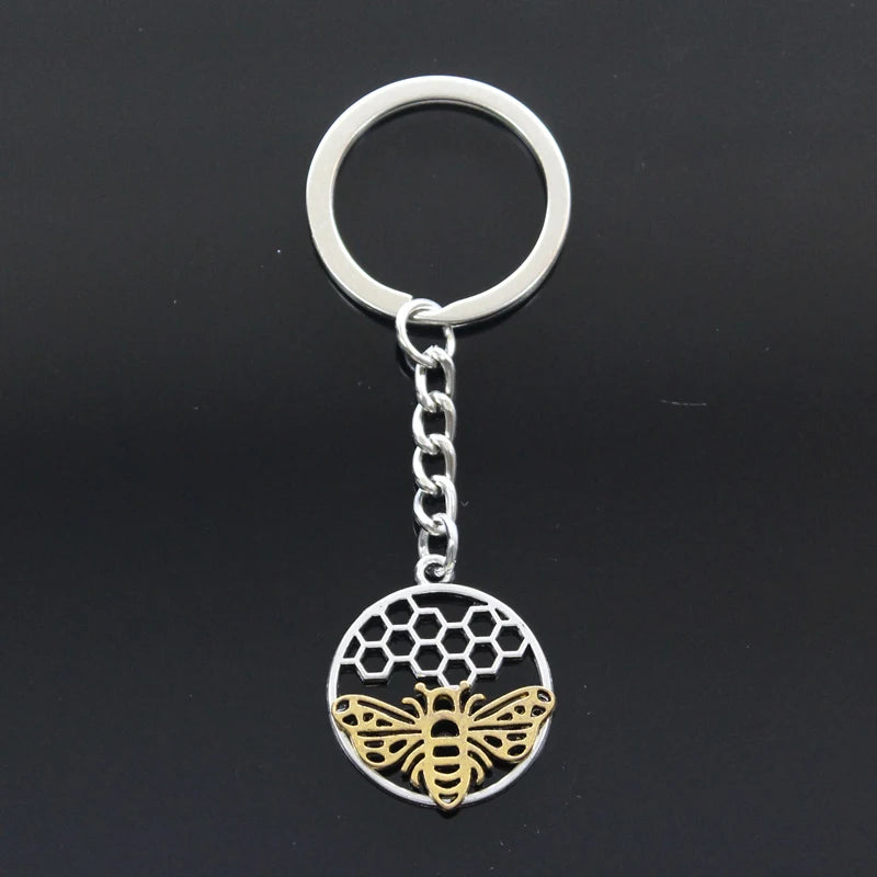 New Keychain 29x25mm Gold Color Bee Honeycomb Honeybee Pendants DIY Men Car Key Chain Ring Holder Keyring Souvenir Jewelry Gift