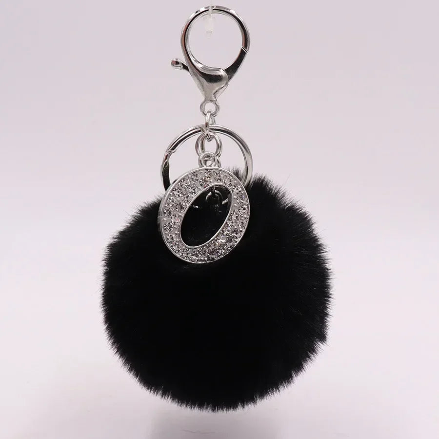 Black Plush Pom-Pom Keychain with Rhinestone Initial