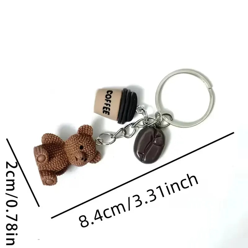 Bear Coffee Charm Keychain with Metal Ring