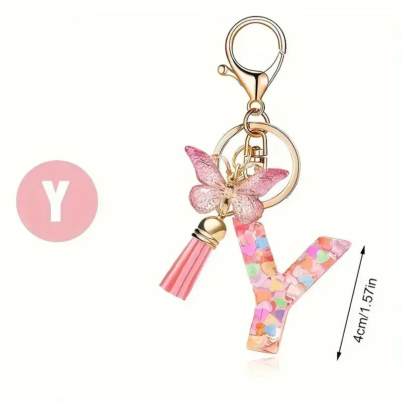 Initial Letter Keychain with Butterfly and Tassel