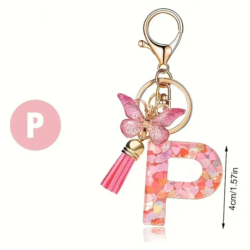 Initial Letter Keychain with Butterfly and Tassel