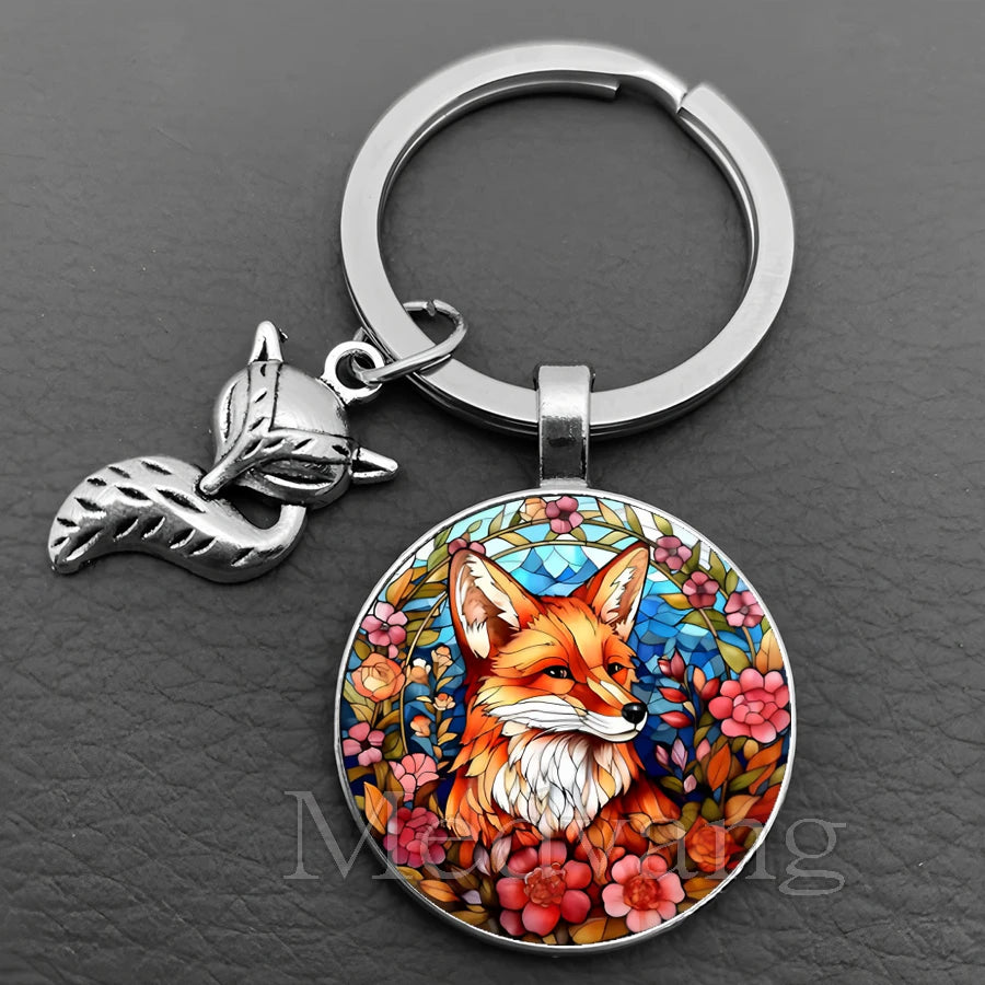 Fox Glass Cabochon Keychain with Sculpted Charm