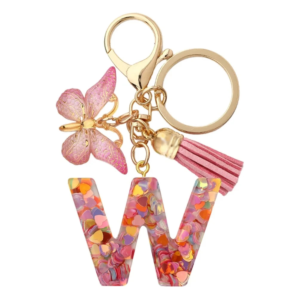 Initial Letter Keychain with Butterfly and Tassel
