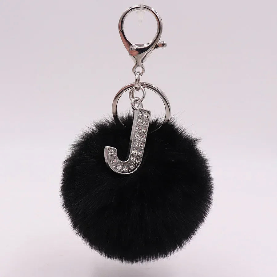 Black Plush Pom-Pom Keychain with Rhinestone Initial