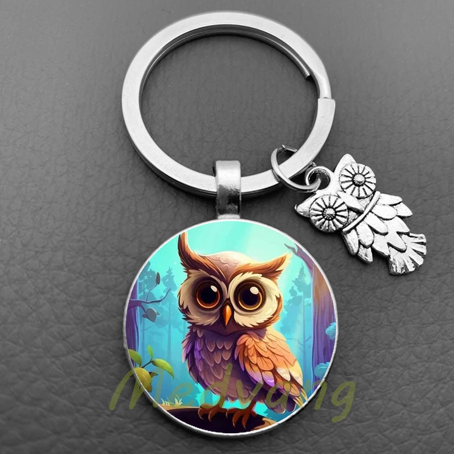 New Cute Owl Keychain with Large Eyes Owl Retro Pattern Glass Convex Keychain Creative Men's and Women's Car Bag Pendant Jewelry