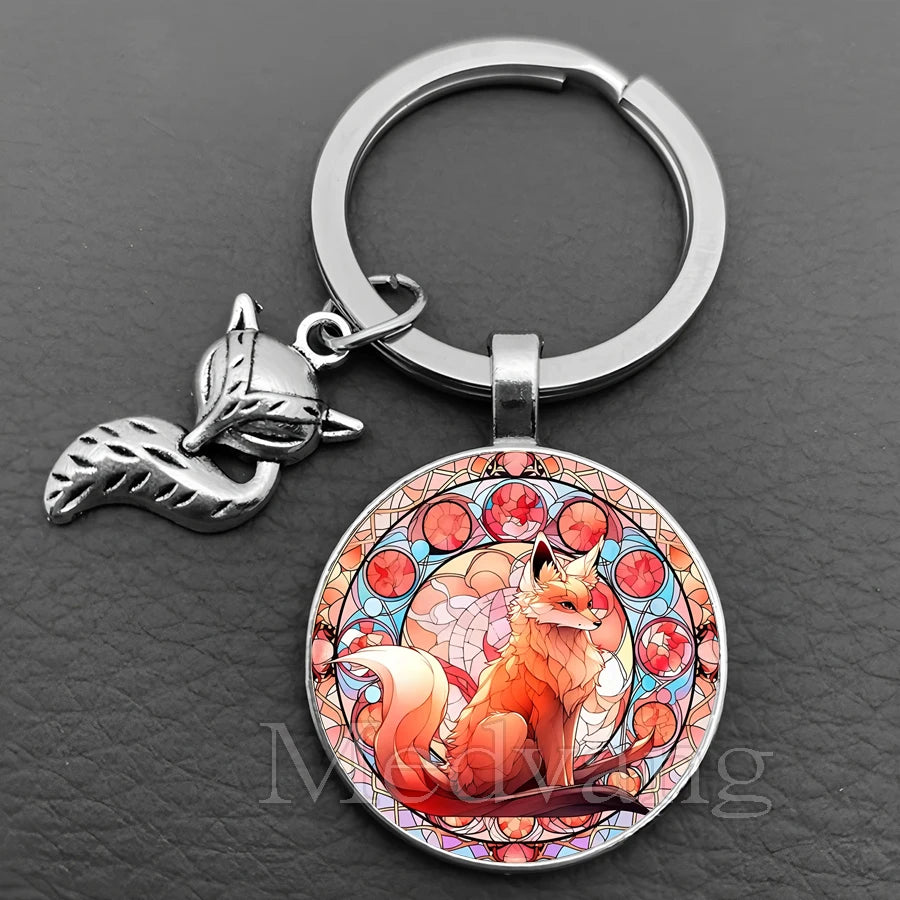 Fox Glass Cabochon Keychain with Sculpted Charm