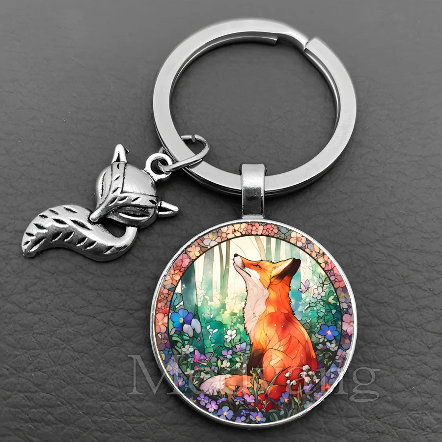 Fox Glass Cabochon Keychain with Sculpted Charm