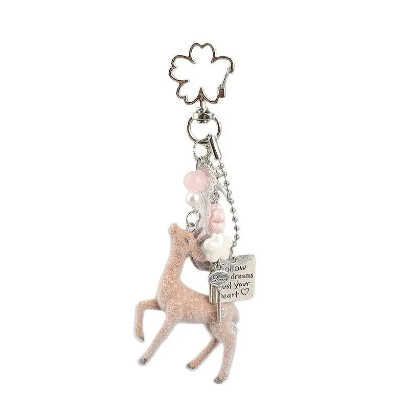 Cute Flocked Deer Keychain With Pearl Beads And Inspirational Tag Perfect For Backpack Purse Decoration And Gifting