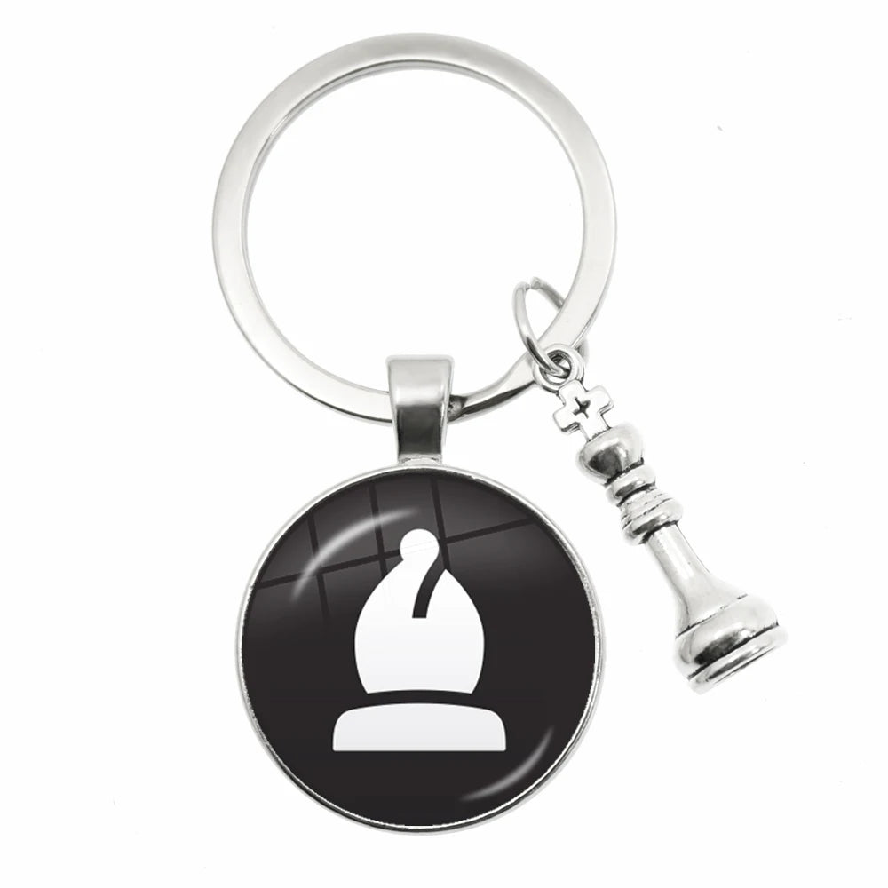 Chess Motif Glass Dome Keychain