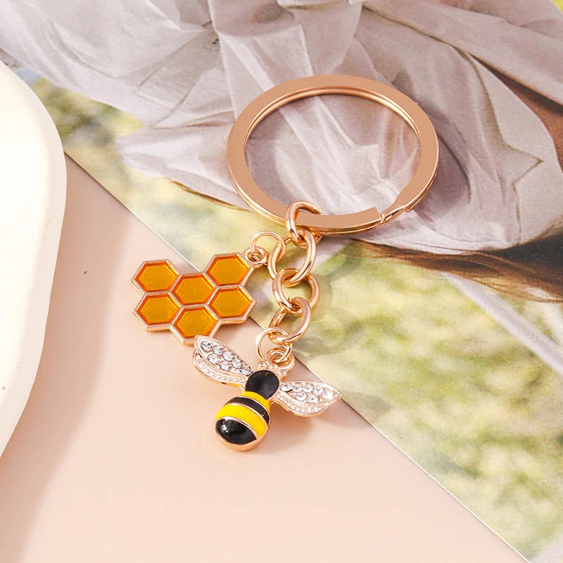 Bee and Honeycomb Keychain in Rose Gold Tone