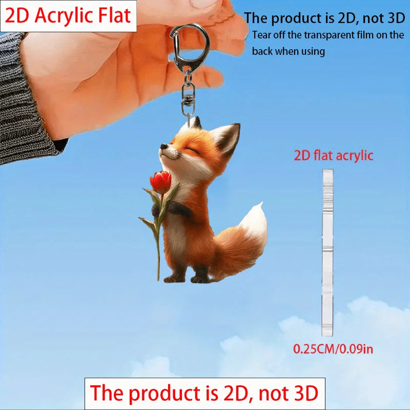 Adorable 2D Fox Keychain with Rose Acrylic Hanging Ornament Durable Car Pendant Lightweight Halloween Holiday Gift Charm for Car