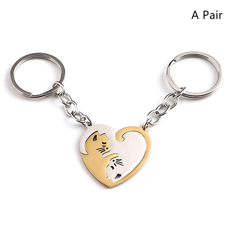 Matching Cat Keychain Set in Stainless Steel