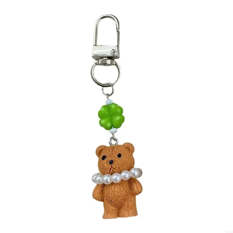 Bear Charm Keychain with Green Bead Accent