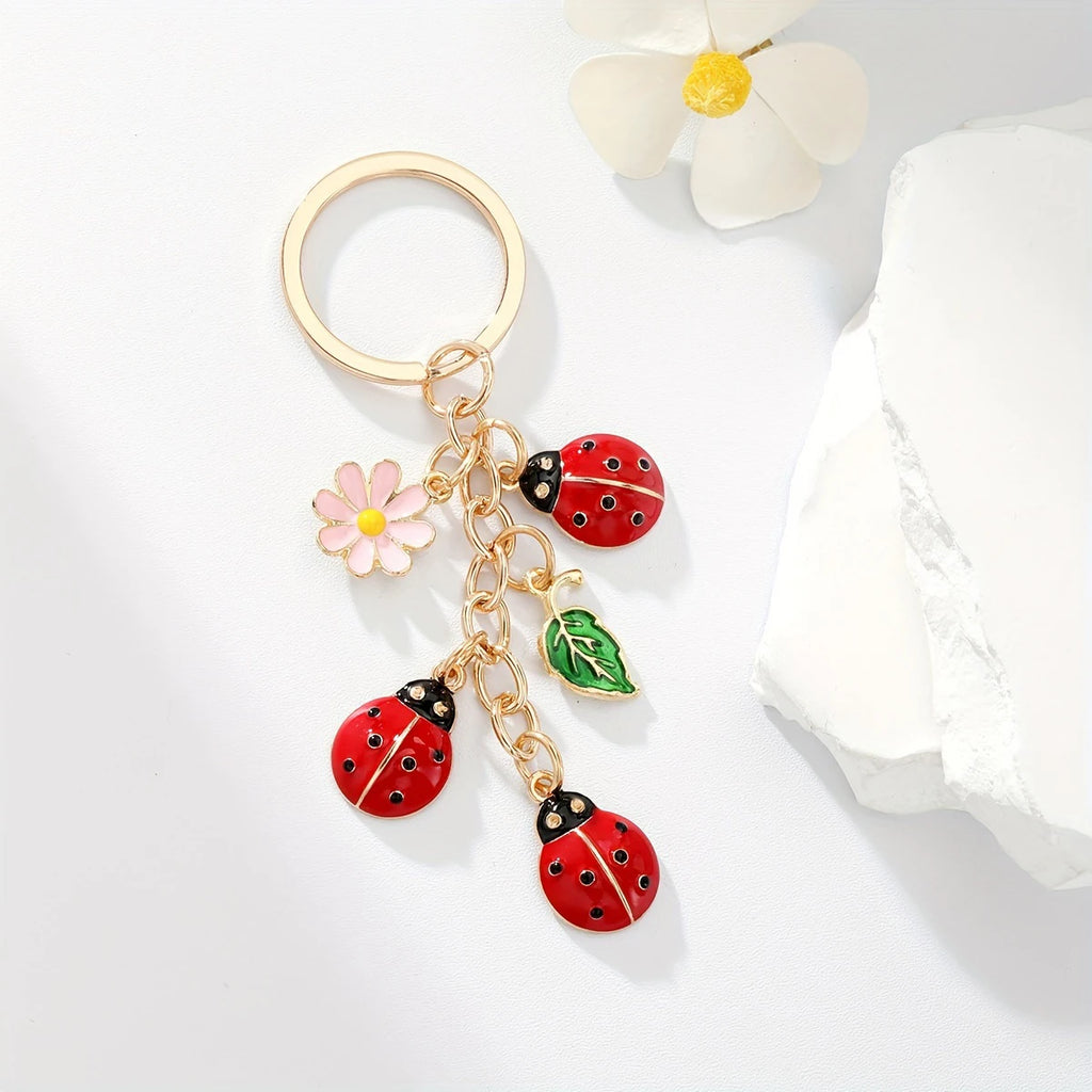 Enamel Ladybug and Flower Charm Keychain