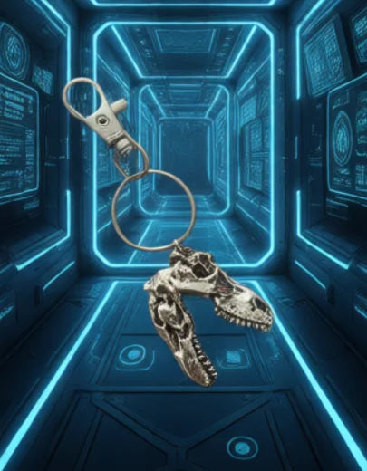 T-Rex Skull Keychain in Antique Silver Tone