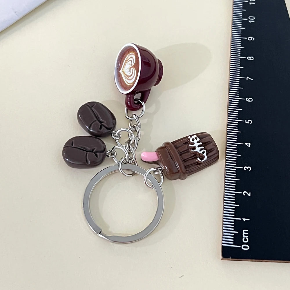 Coffee Themed Keychain Mini 3d Coffee Beans Latte Cup Charms Funny Simulated Food Car Key Holder Novelty Bag Pendant Party Gift