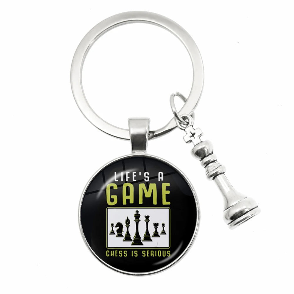 Chess Motif Glass Dome Keychain