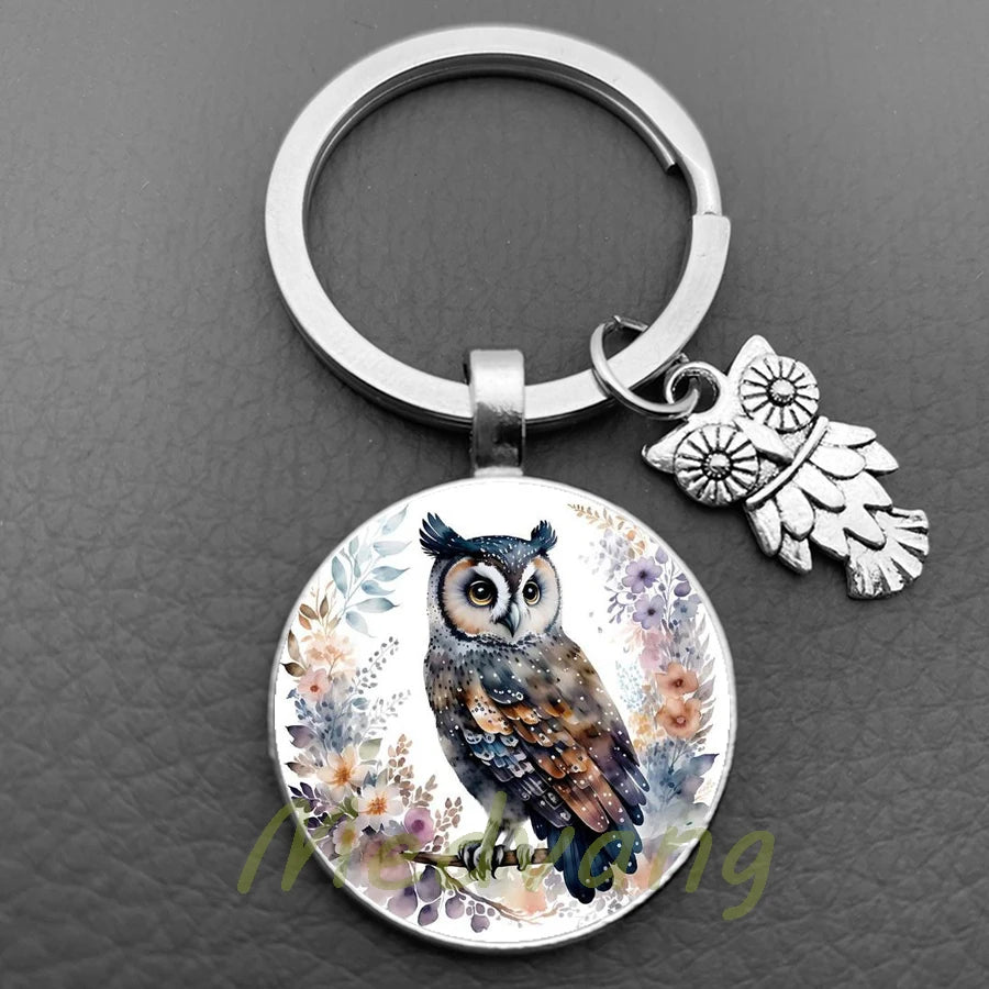 New Cute Owl Keychain with Large Eyes Owl Retro Pattern Glass Convex Keychain Creative Men's and Women's Car Bag Pendant Jewelry