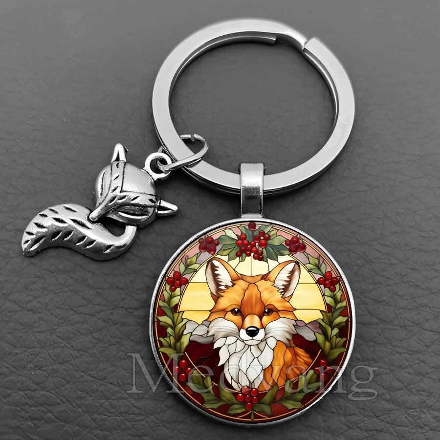 Fox Glass Cabochon Keychain with Sculpted Charm