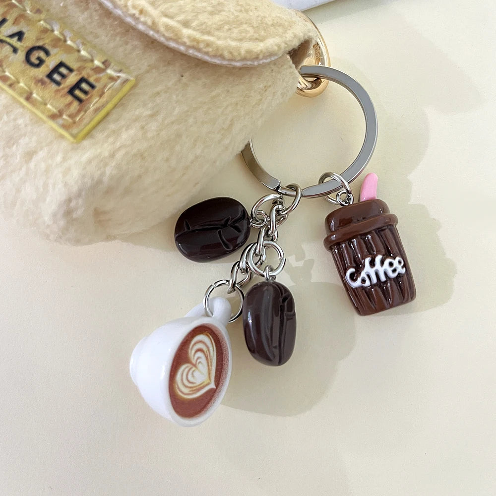 Coffee Themed Keychain Mini 3d Coffee Beans Latte Cup Charms Funny Simulated Food Car Key Holder Novelty Bag Pendant Party Gift