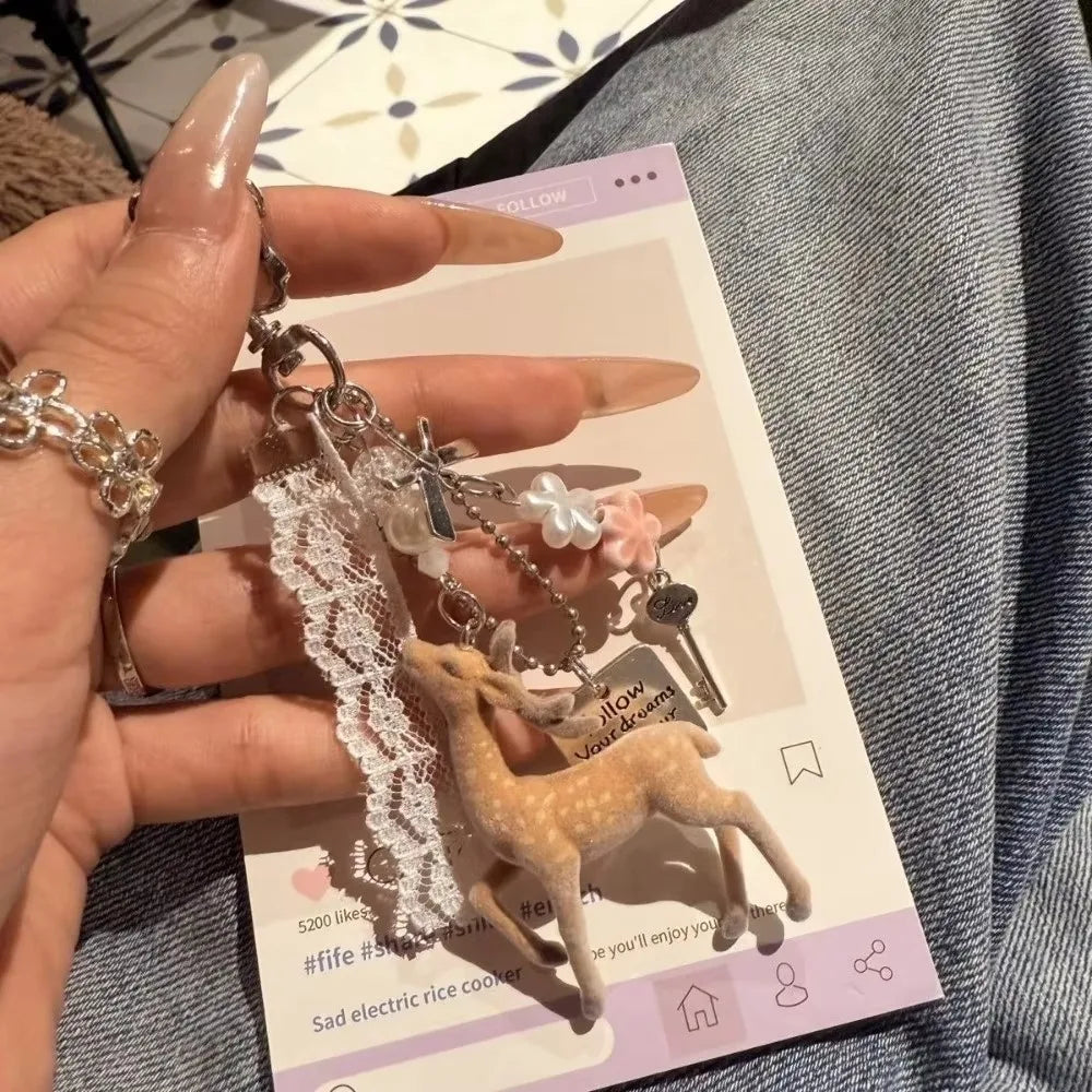Cute Deer Keychain for Women Jewelry Handmade Korean Style Portable Phone Charms Bag Pendant Fashion Jewelry Accessories