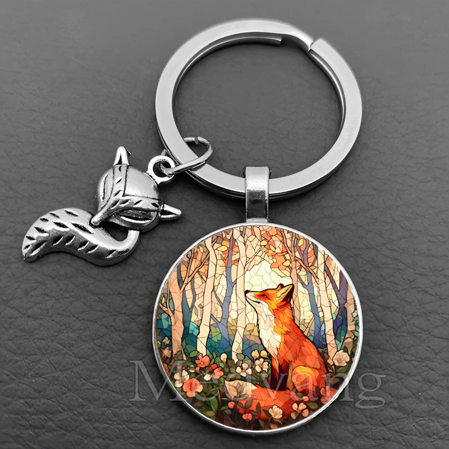 Fox Glass Cabochon Keychain with Sculpted Charm