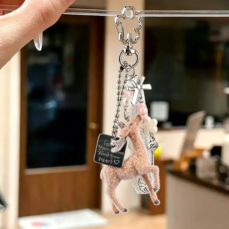 Deer Keychain Cute Handmade Korean Style DIY Bead Portable Phone Charm Pendant for Bag Purse Women Birthday Gift