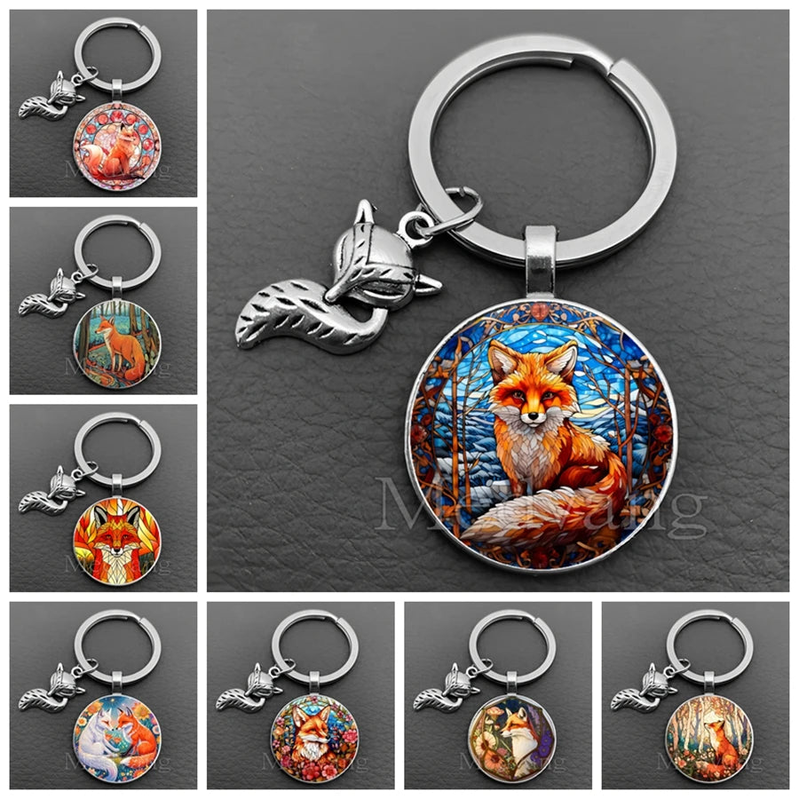 Fox Glass Cabochon Keychain with Sculpted Charm