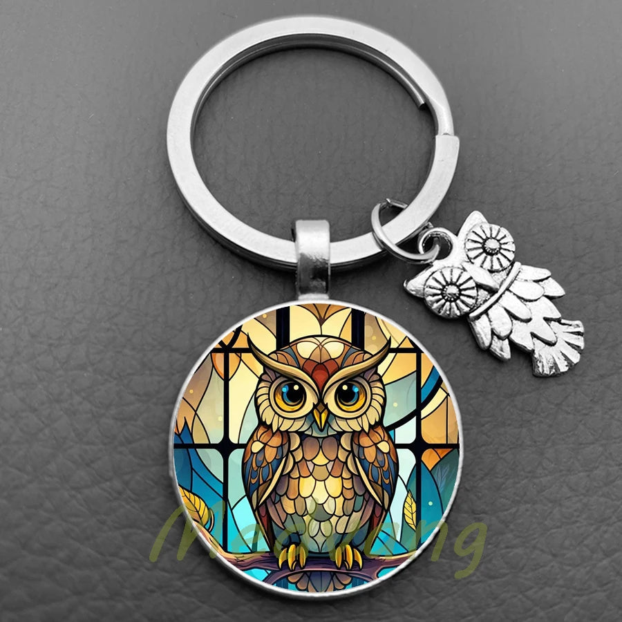 New Cute Owl Keychain with Large Eyes Owl Retro Pattern Glass Convex Keychain Creative Men's and Women's Car Bag Pendant Jewelry