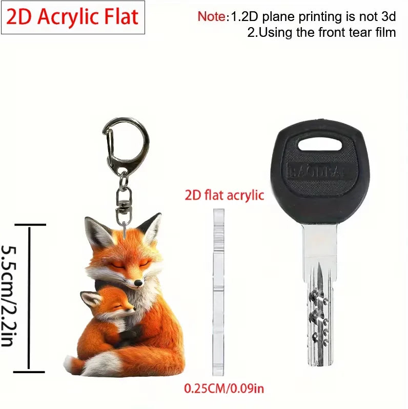 Adorable 2D Fox Keychain with Rose Acrylic Hanging Ornament Durable Car Pendant Lightweight Halloween Holiday Gift Charm for Car
