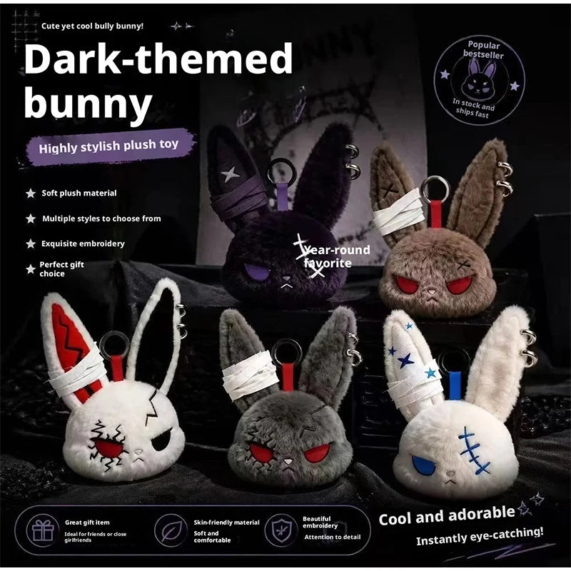 Plush Gothic Rabbit Head Keychain with Ear Piercings