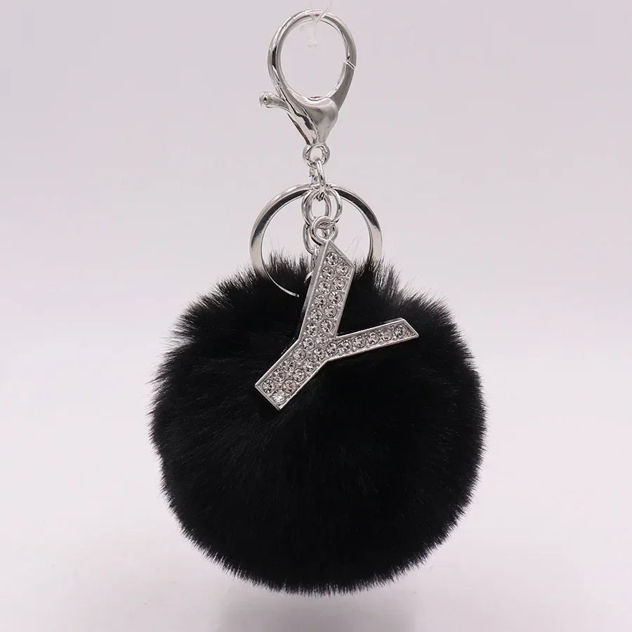Black Plush Pom-Pom Keychain with Rhinestone Initial