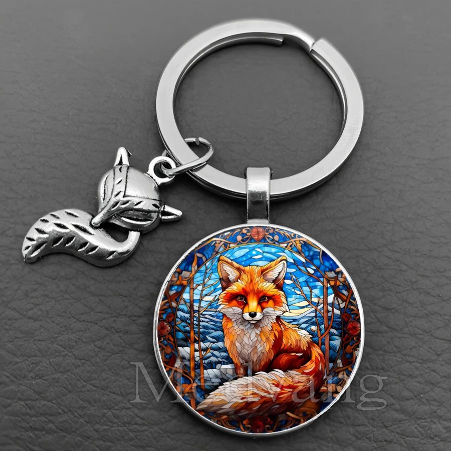 Fox Glass Cabochon Keychain with Sculpted Charm