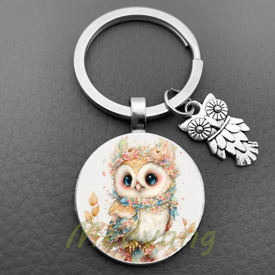 New Cute Owl Keychain with Large Eyes Owl Retro Pattern Glass Convex Keychain Creative Men's and Women's Car Bag Pendant Jewelry