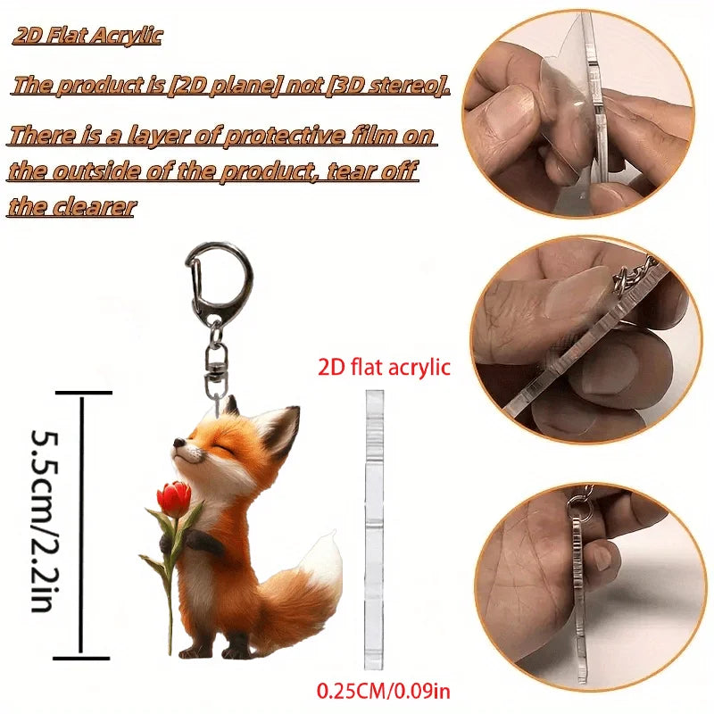 Adorable 2D Fox Keychain with Rose Acrylic Hanging Ornament Durable Car Pendant Lightweight Halloween Holiday Gift Charm for Car