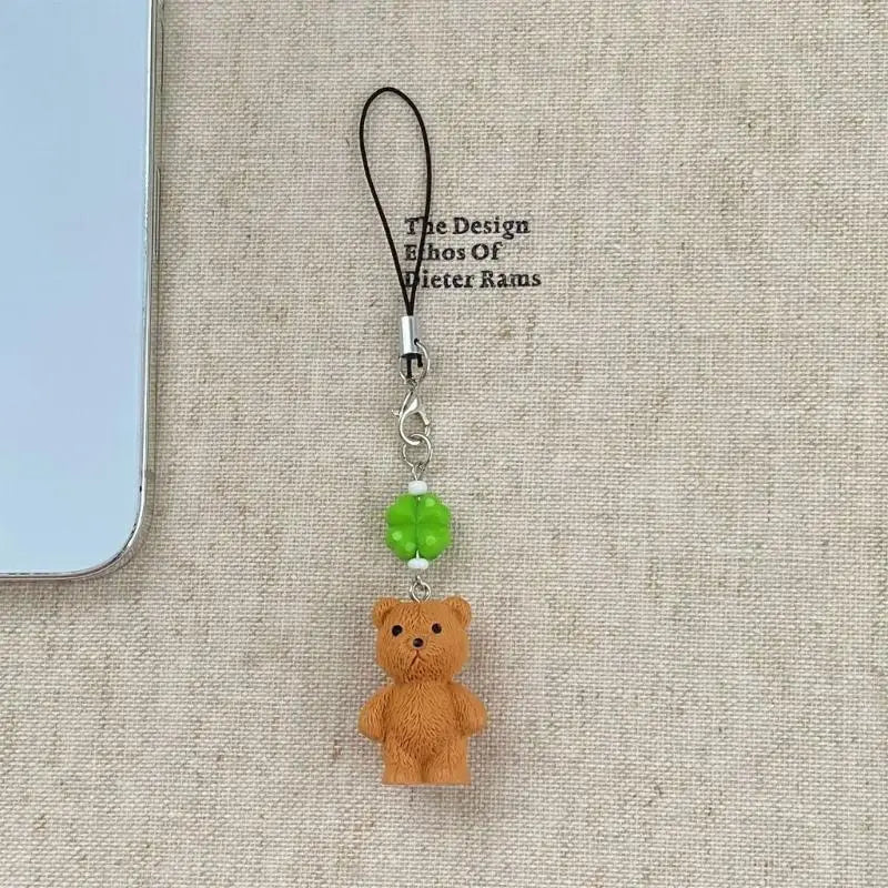Bear Charm Keychain with Green Bead Accent