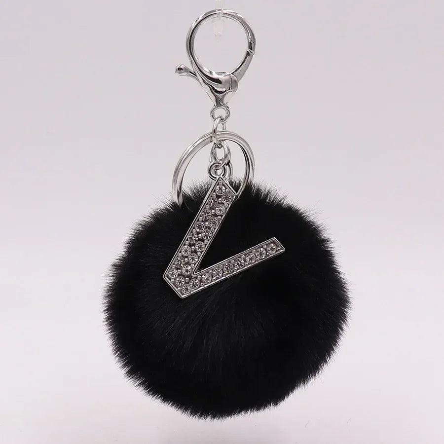 Black Plush Pom-Pom Keychain with Rhinestone Initial