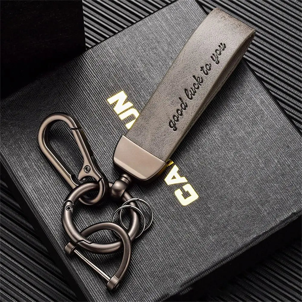 Crazy Horse Leather Car Keychain with Metal Ring
