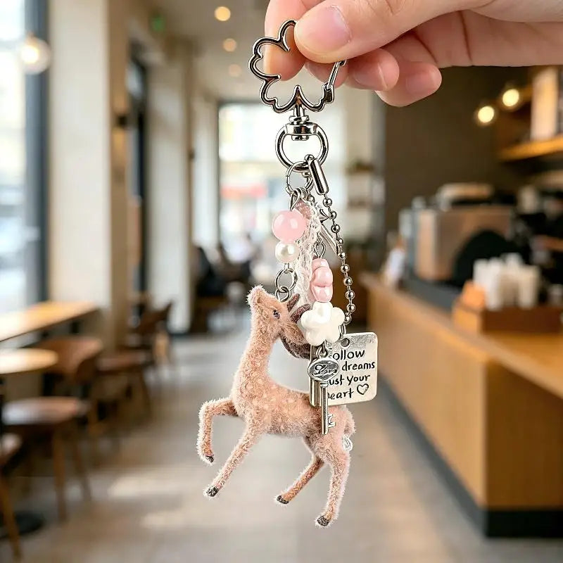 Cute Flocked Deer Keychain With Pearl Beads And Inspirational Tag Perfect For Backpack Purse Decoration And Gifting