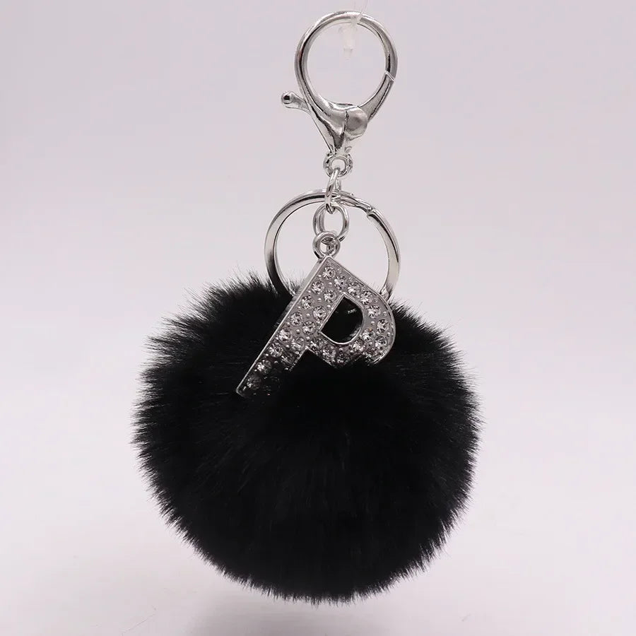 Black Plush Pom-Pom Keychain with Rhinestone Initial
