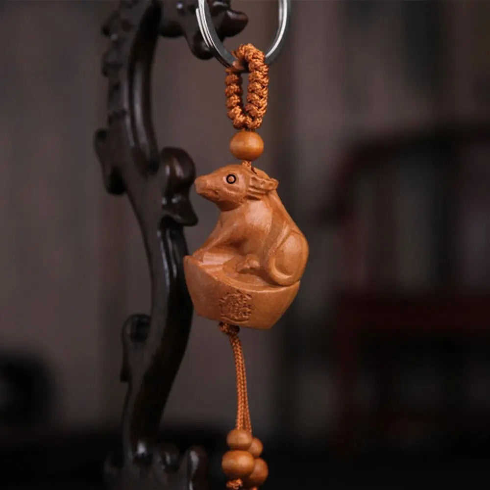 Carved Mahogany Zodiac Animal Keychain