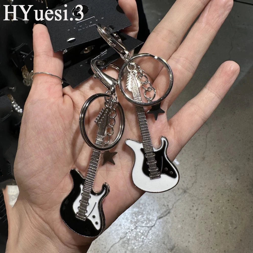 Metal Guitar Keychain in Silver-Tone Zinc Alloy