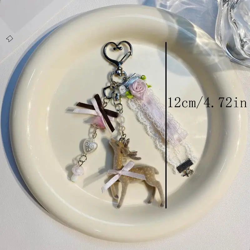 Deer Keychain Cute Handmade Korean Style DIY Bead Portable Phone Charm Pendant for Bag Purse Women Birthday Gift
